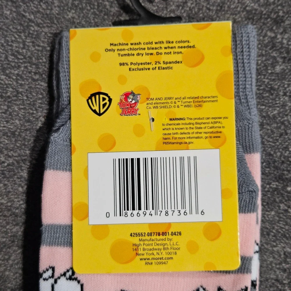 Tom and Jerry Mens Crew Socks Gray Pink Striped Cartoon Graphic Size 10-13 NEW
